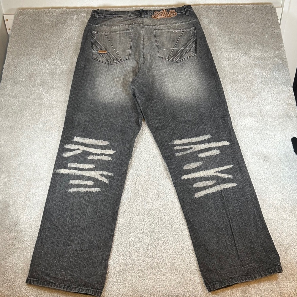 Vintage Akademiks Jeans Men 36 Black Baggy Wide Leg Y2K Graphic Streetwear Denim